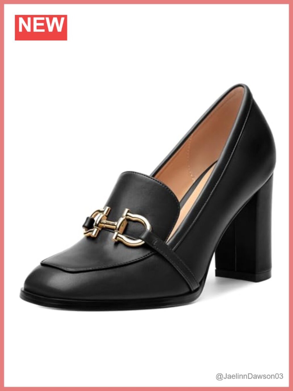 Women's Square Toe High Heel Loafers with Gold Metal Buckle - Chunky Heel Pumps